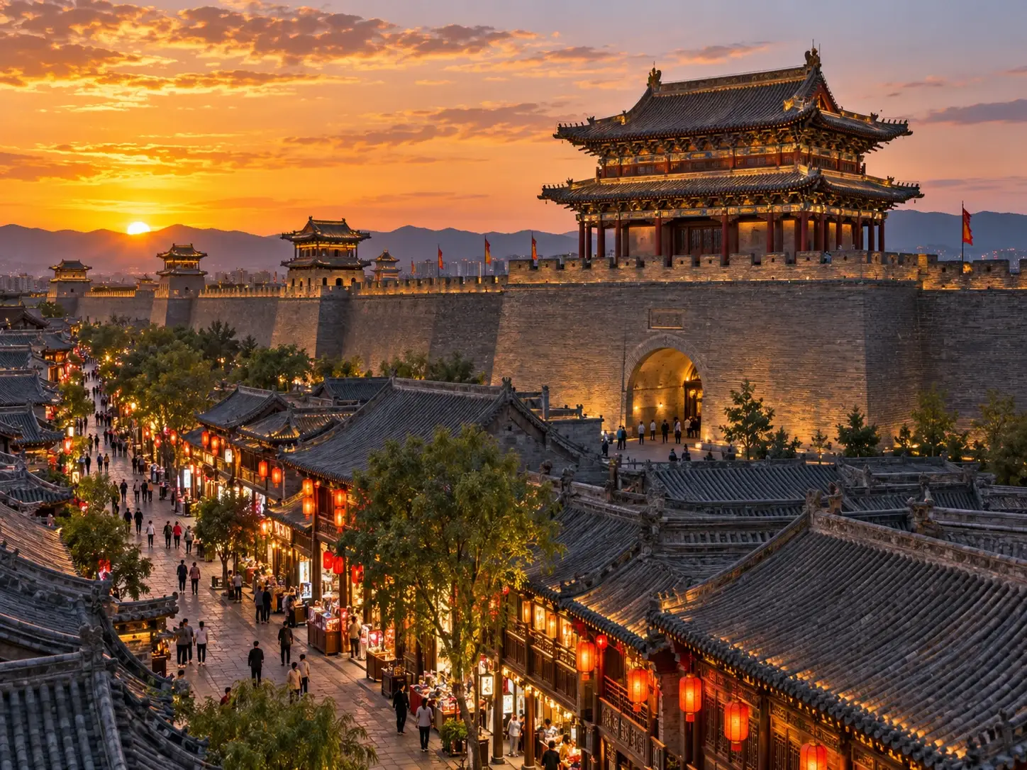 Datong's old city at dusk — a long lantern-lit street leading to a gate tower, with crowds and red lanterns