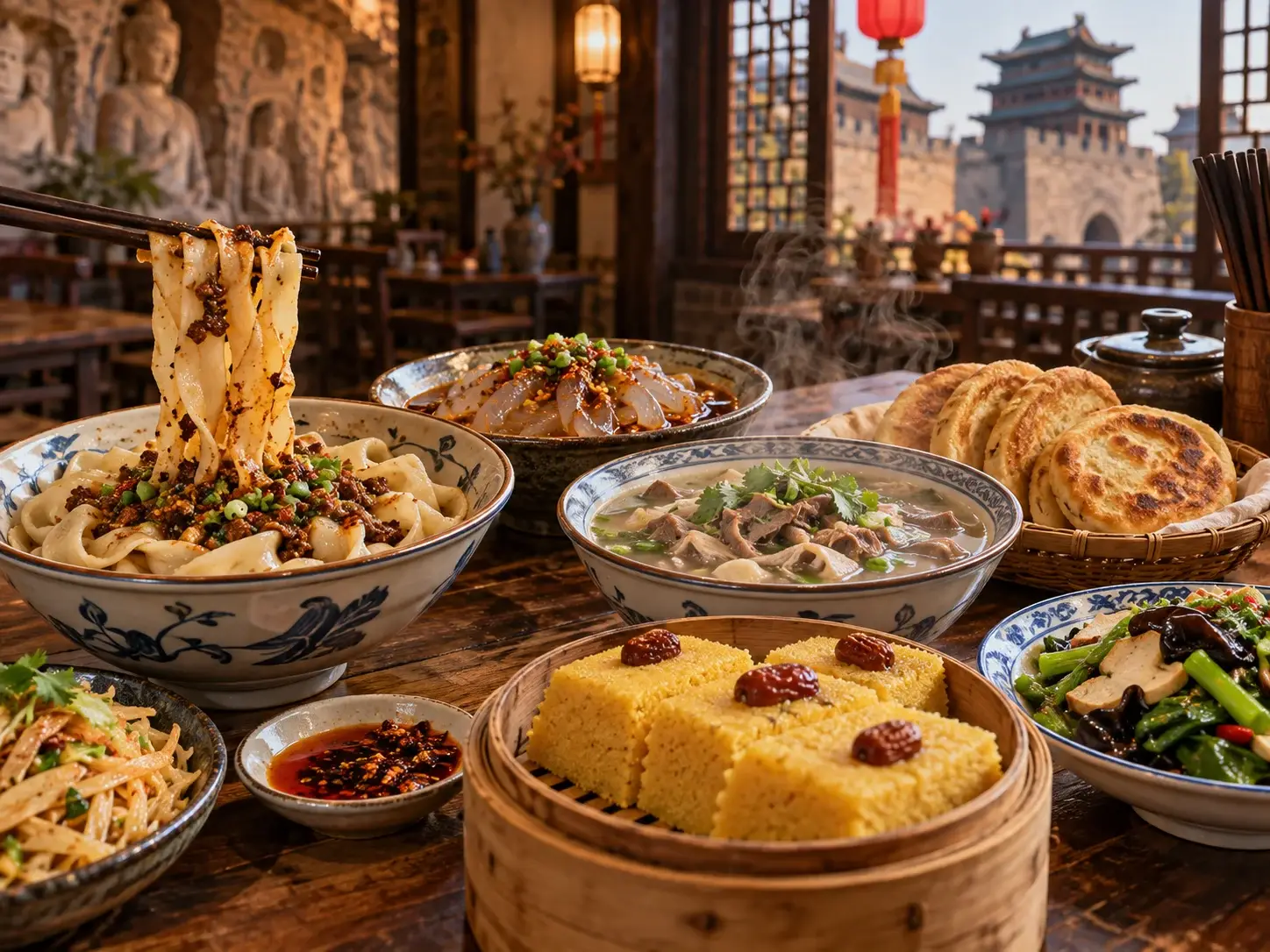 A Datong table spread with knife-cut noodles, liangfen, lamb soup, baked bread and yellow cake