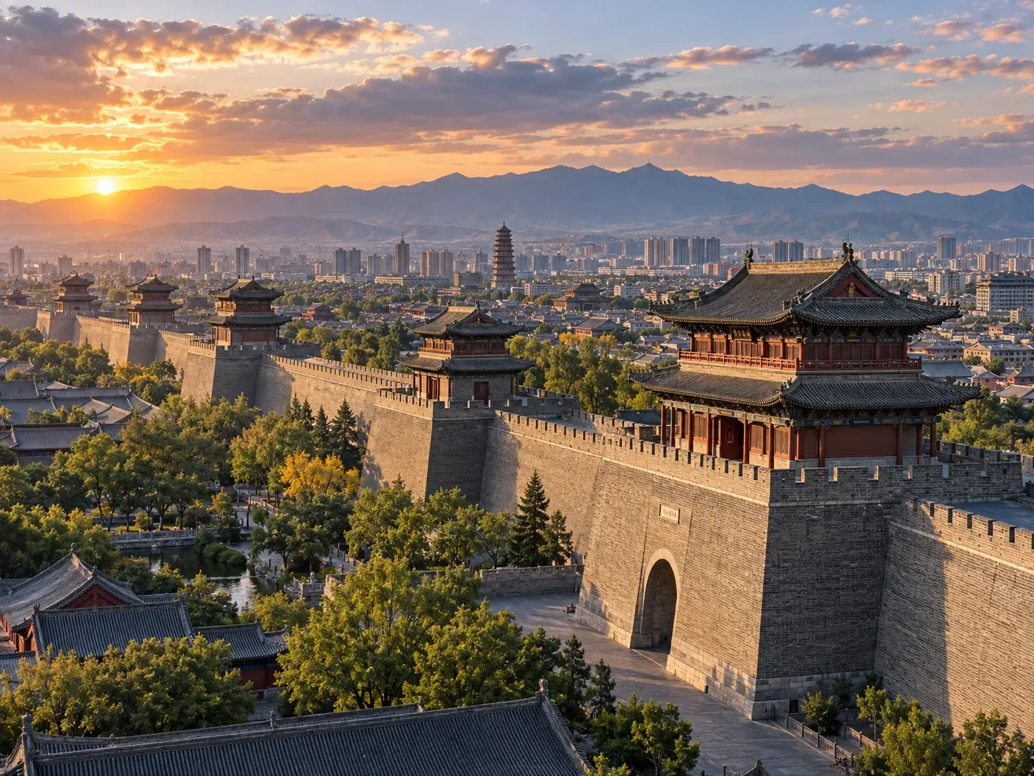 The ancient city walls and gate towers of Datong at sunset, with pagodas, grey-tiled rooftops and the modern skyline beyond