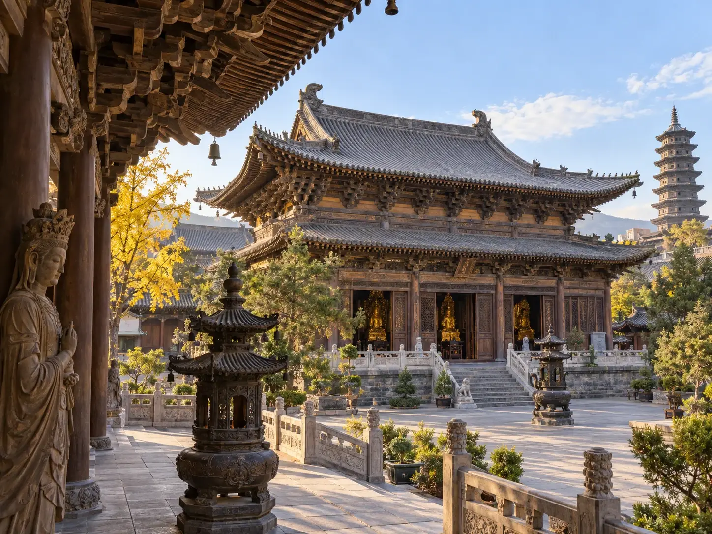 The timber hall and courtyard of Huayan Temple with a bronze incense burner and golden ginkgo