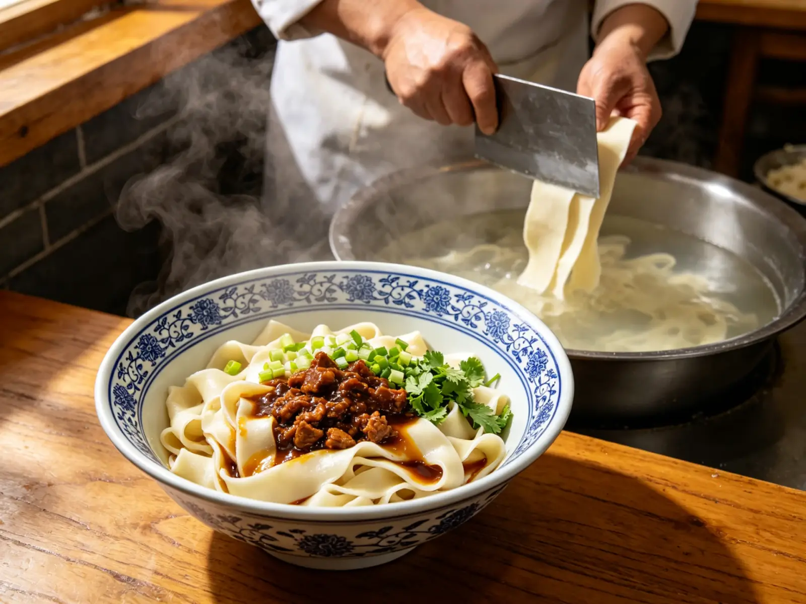 Datong knife-cut noodles with minced-pork sauce and spring onion, a chef shaving dough into a boiling pot