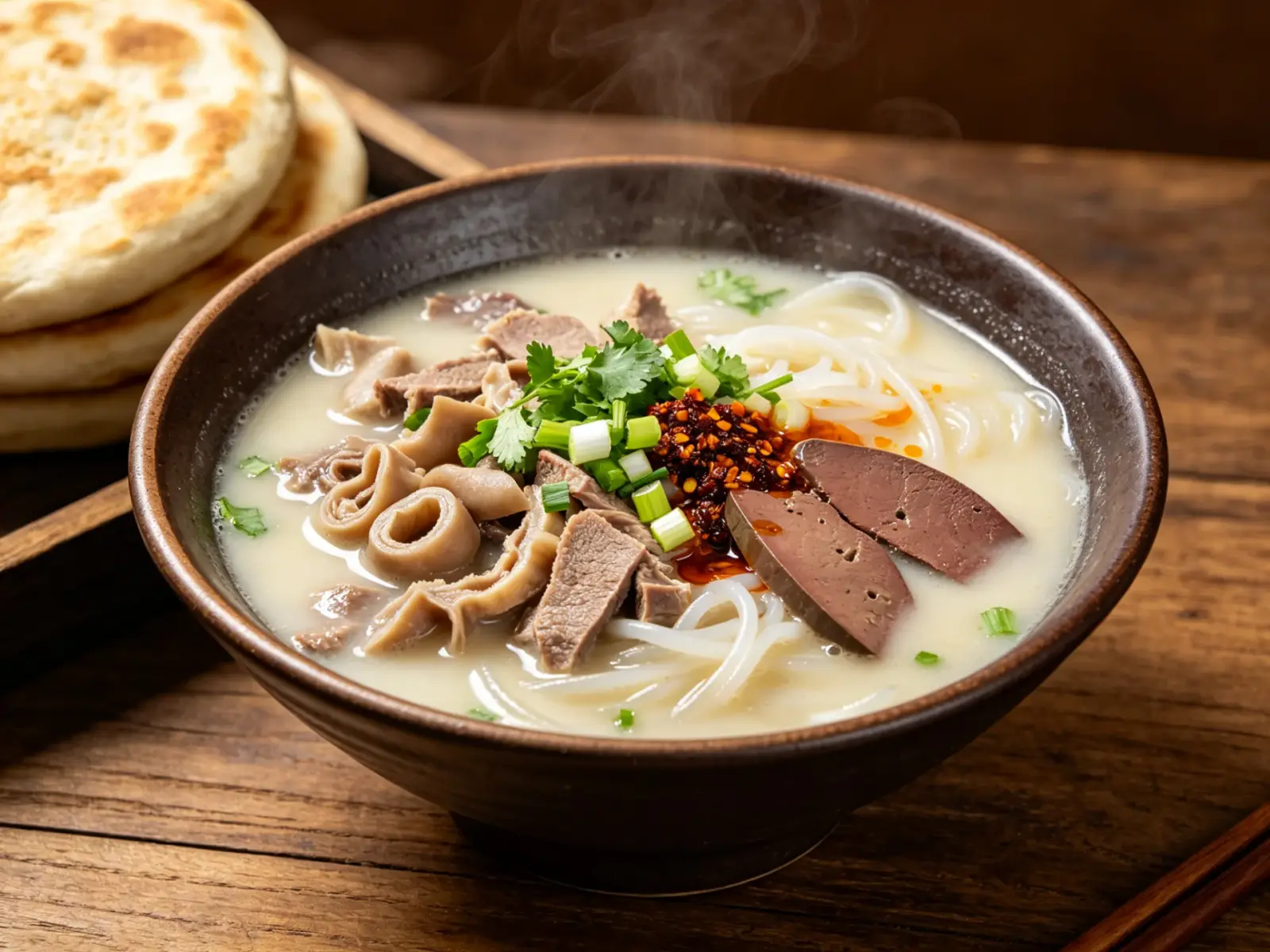 Northern Shanxi lamb offal soup with milky broth, tripe, liver and glass noodles