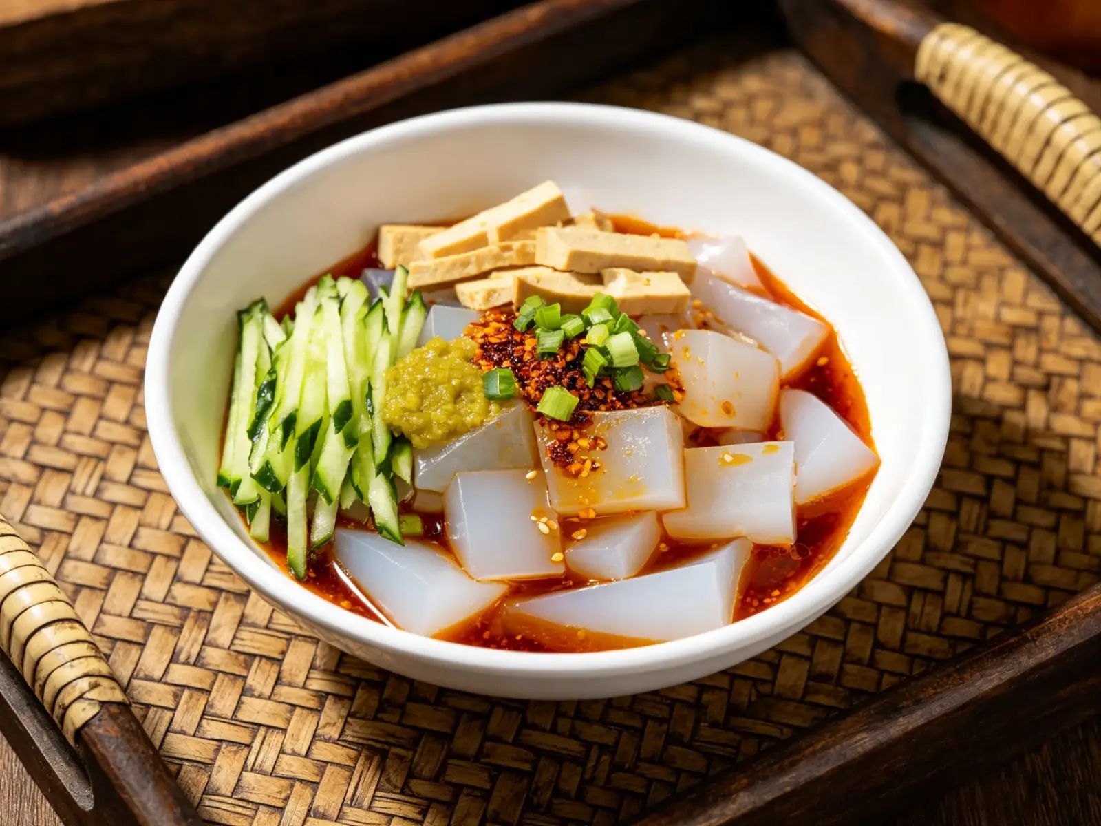 Hunyuan liangfen translucent jelly with chilli oil, cucumber and mustard