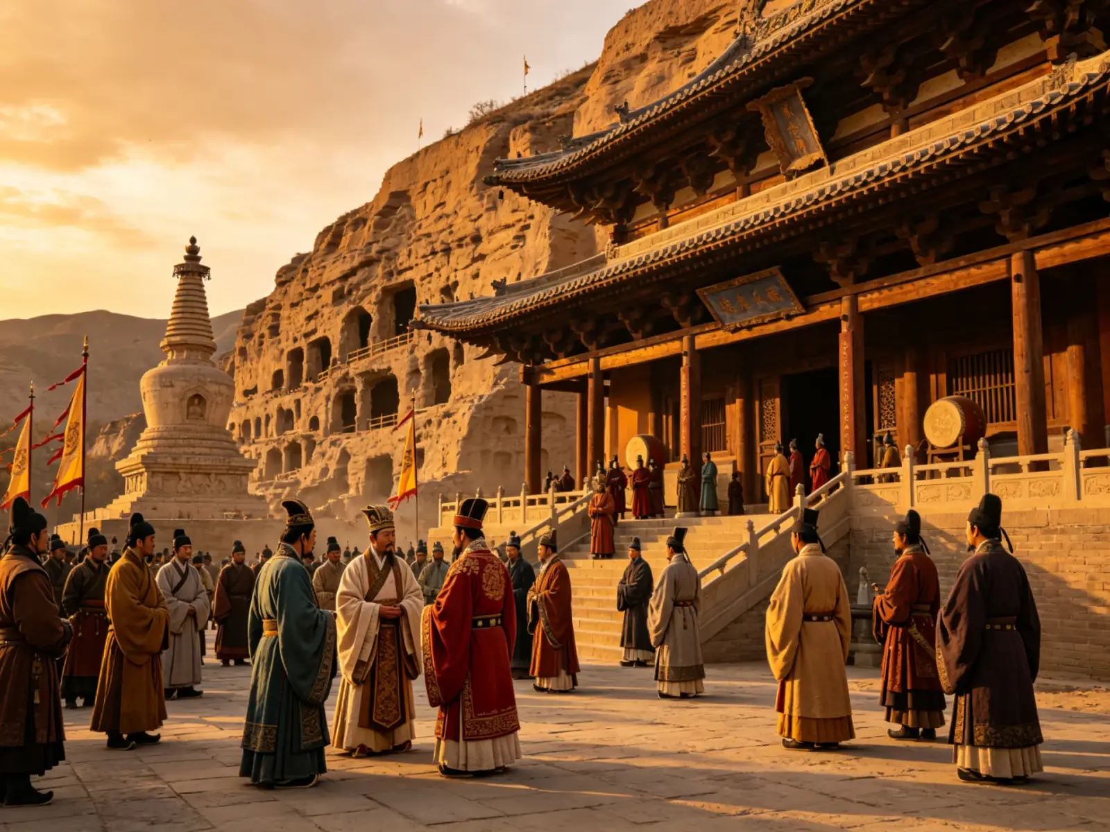 Northern Wei Pingcheng scene — Xianbei and Han people gathered before palaces, pagodas and cliff grottoes in warm light