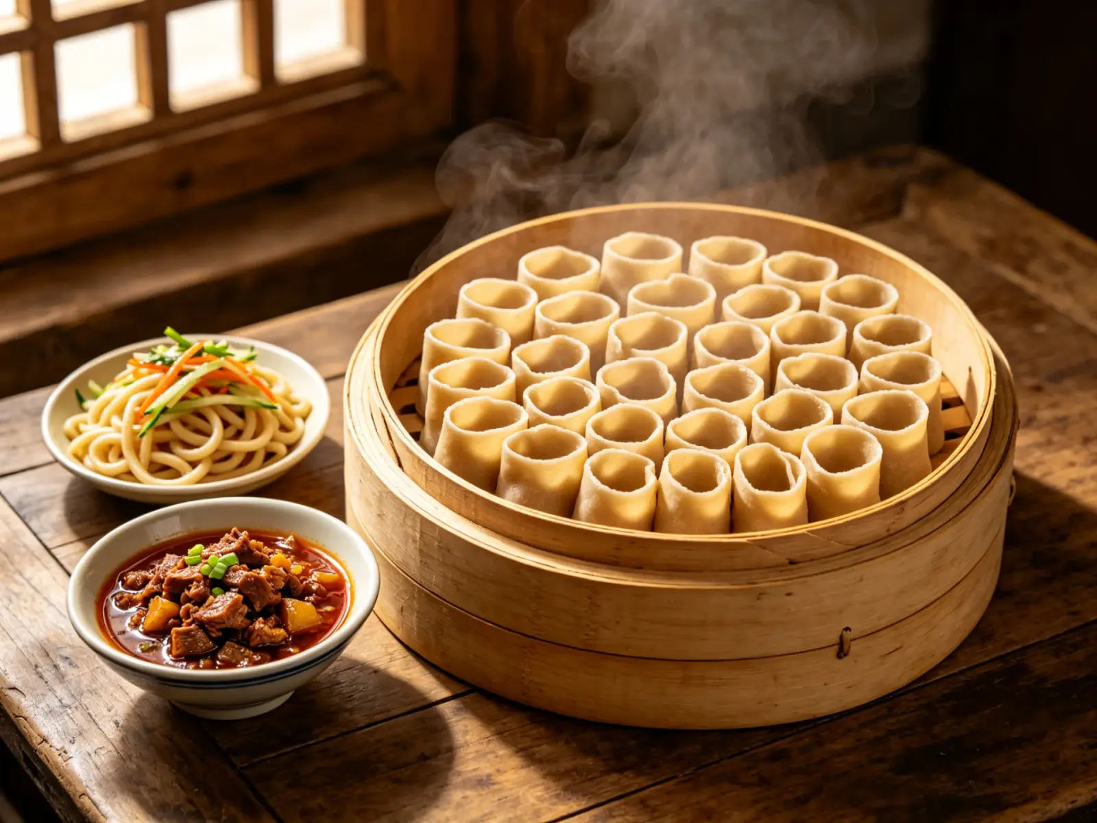 Oat noodle rolls kaolaolao in a bamboo steamer with savoury lamb dipping sauce