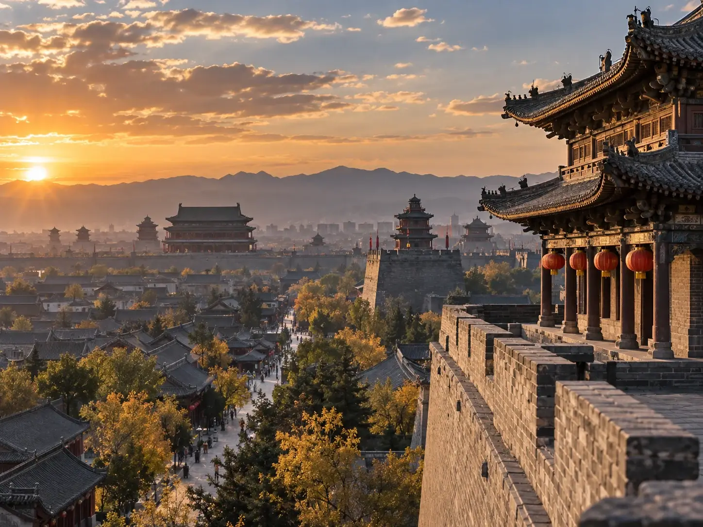Datong's ancient walls and a lantern-hung gate tower above grey-tiled rooftops in golden evening light