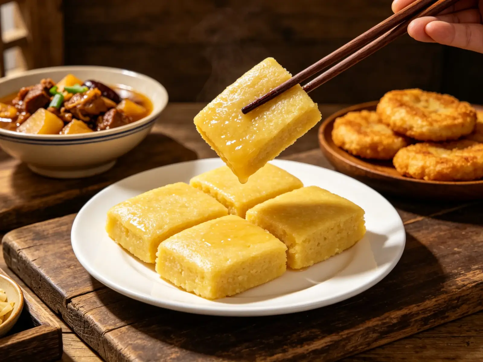 Northern Shanxi yellow cake, golden glutinous steamed millet cake alongside stews