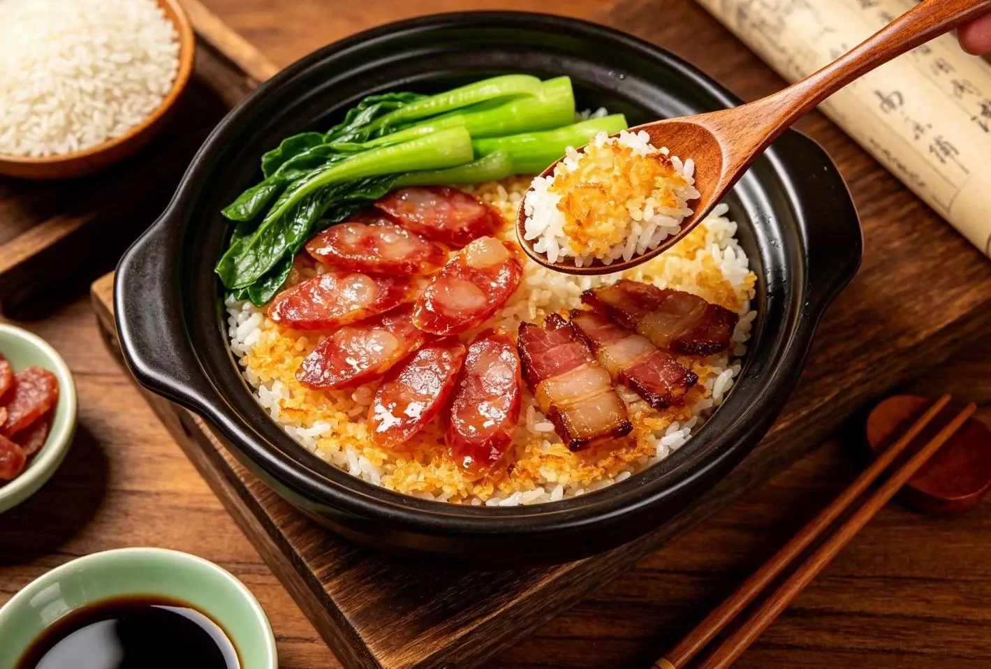 Claypot rice with cured sausage, runny egg and greens in a clay pot