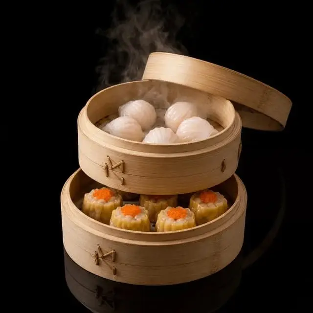Bamboo steamers of Cantonese dim sum rising with steam in a teahouse