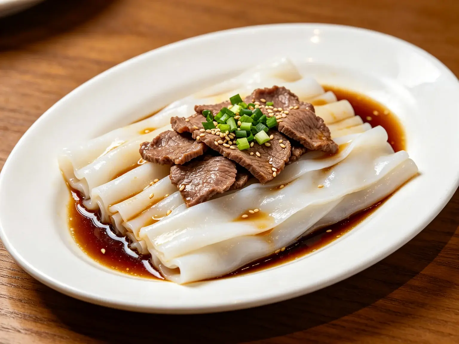 Chencun rice noodles, thin wide rice sheets with soy sauce, spring onion, sesame and beef slices