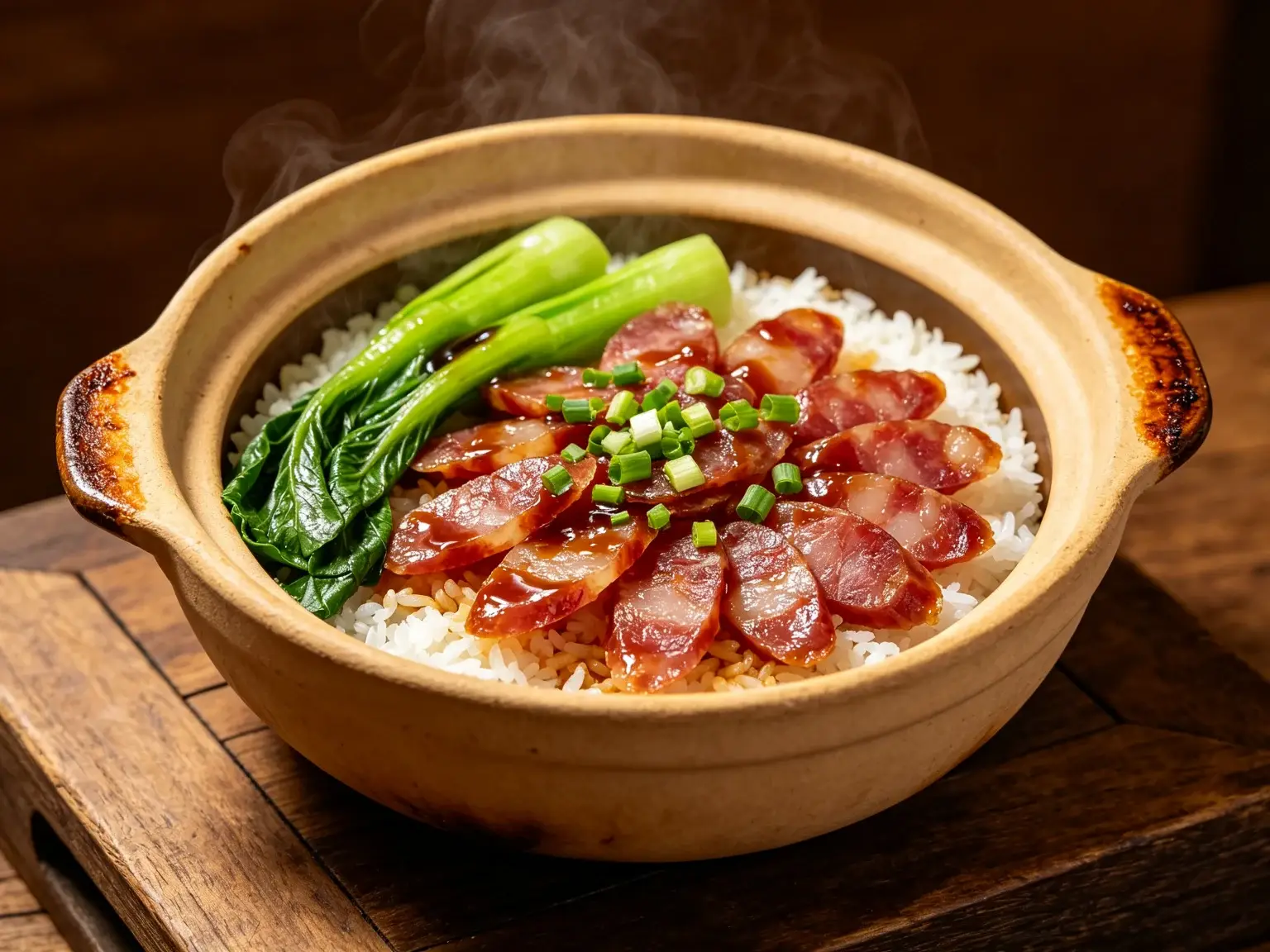 Cantonese claypot rice topped with Chinese sausage, cured meat and greens over a crispy rice crust