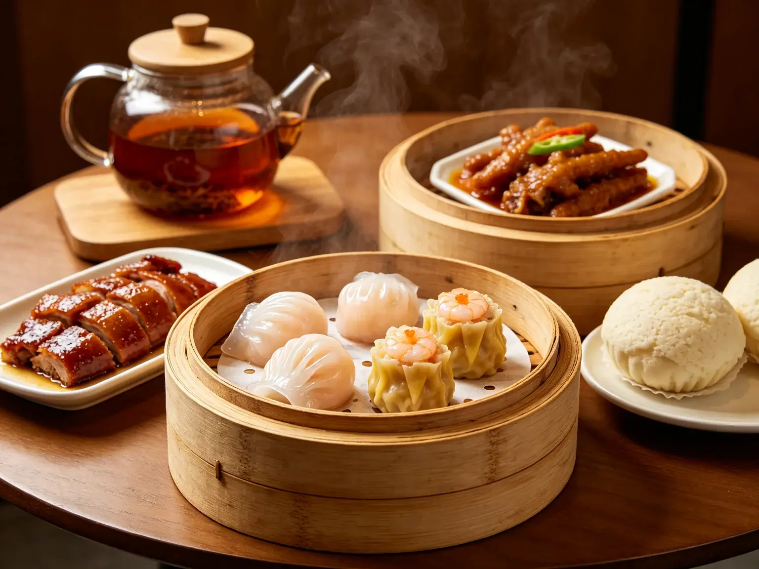 Cantonese dim sum with har gow and siu mai in bamboo steamers, barbecued pork, buns and a pot of tea