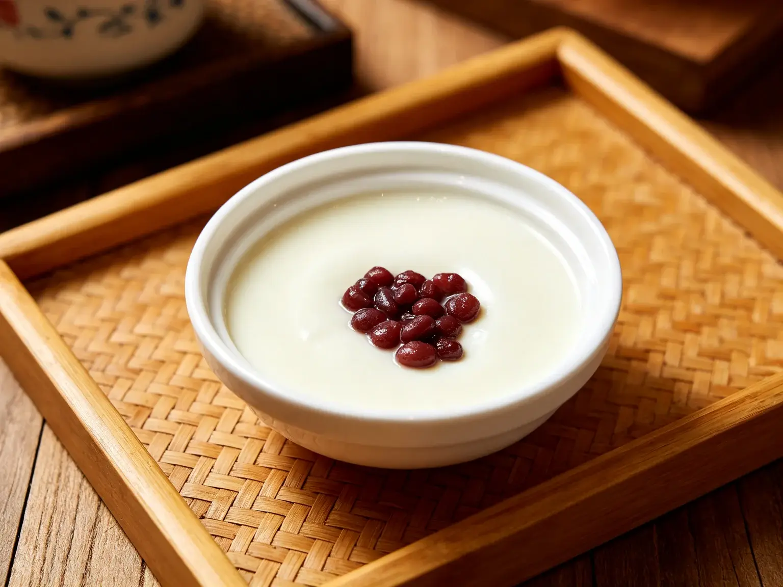Cantonese double-skin milk in a white bowl topped with red beans on a woven tray