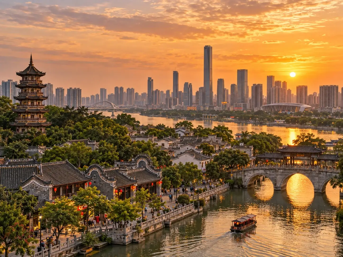 Foshan old town along a canal at sunset — Lingnan wok-house gables, a pagoda, stone bridges, a boat and the modern skyline beyond