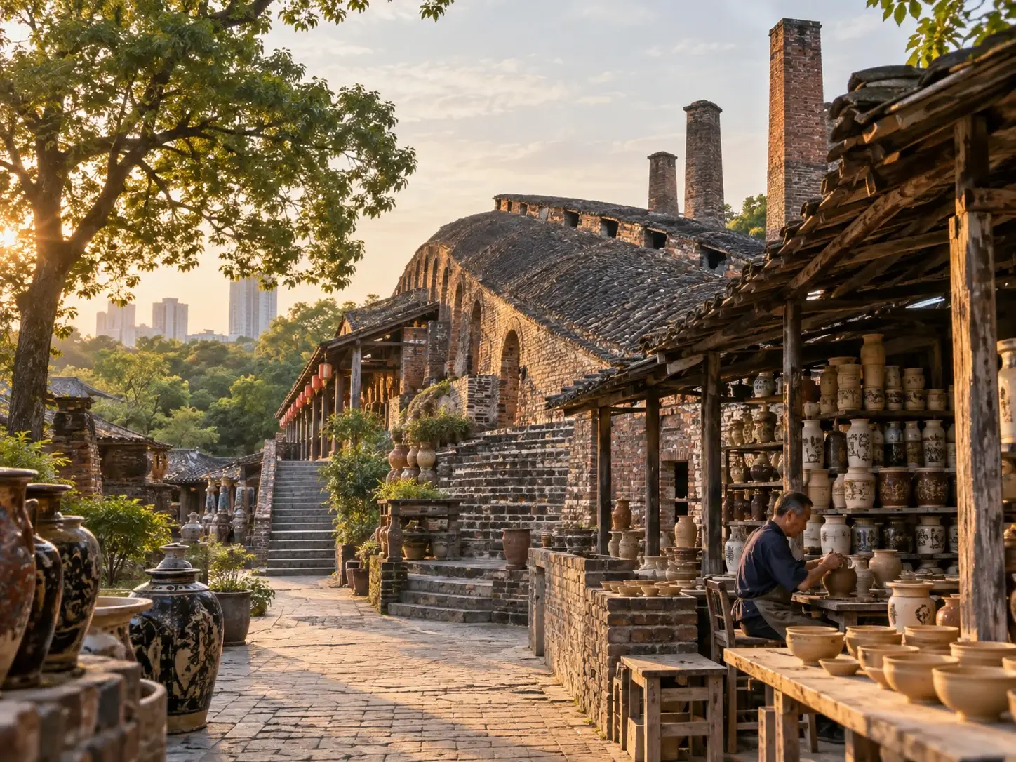 The long Nanfeng dragon kiln climbing a slope with chimneys, pottery jars along the path and a master at work