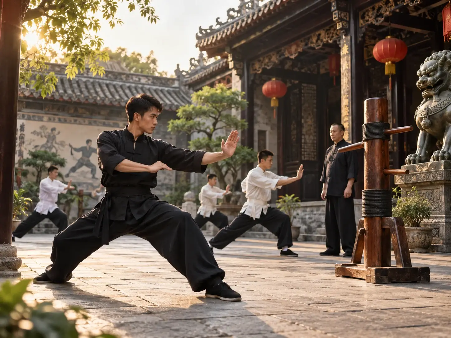 Kung fu students practising southern-fist stances in an old temple courtyard beside a Wing Chun wooden dummy