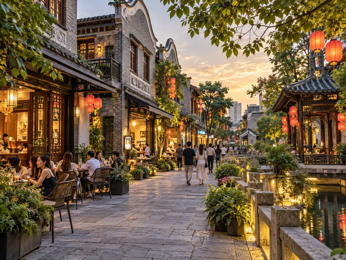 Lingnan Tiandi at dusk — a lantern-lit street with outdoor dining, wok-house gables, a canal and a pavilion