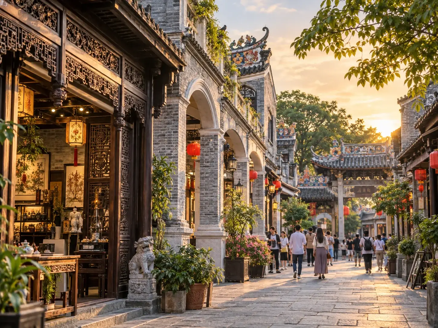 A Lingnan old street of grey-brick arcade buildings with carved wood shopfronts, a stone lion, red lanterns and people at sunset