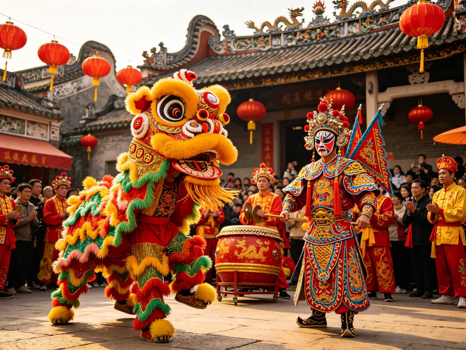 A colourful lion dance and a Cantonese opera performer in ornate costume before a Lingnan ancestral hall with lanterns