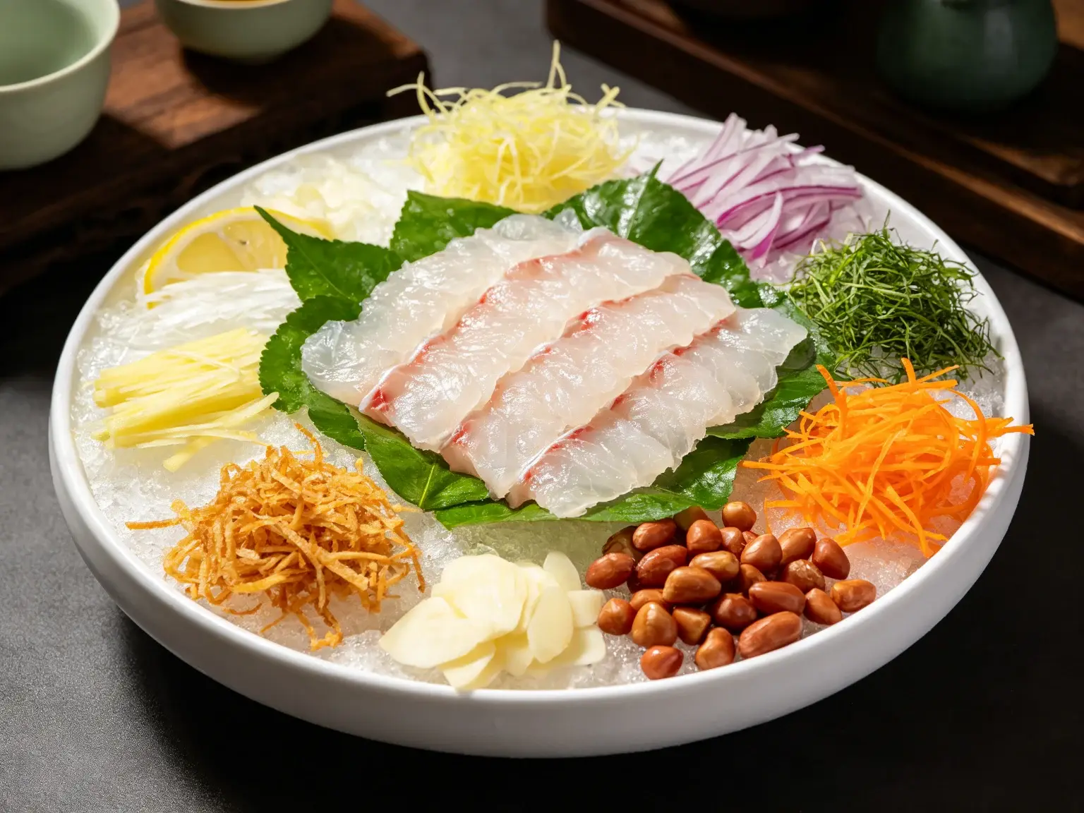 Shunde raw fish, translucent thinly sliced fish on an ice plate with shredded ginger, lemon leaf, peanuts and garnishes