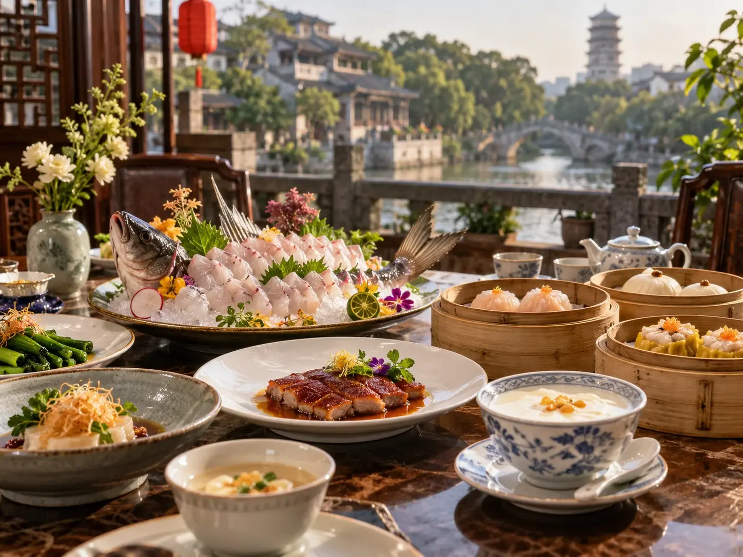 A Shunde Cantonese feast with a raw-fish platter, dim sum steamers, char siu and double-skin milk by a Lingnan canal