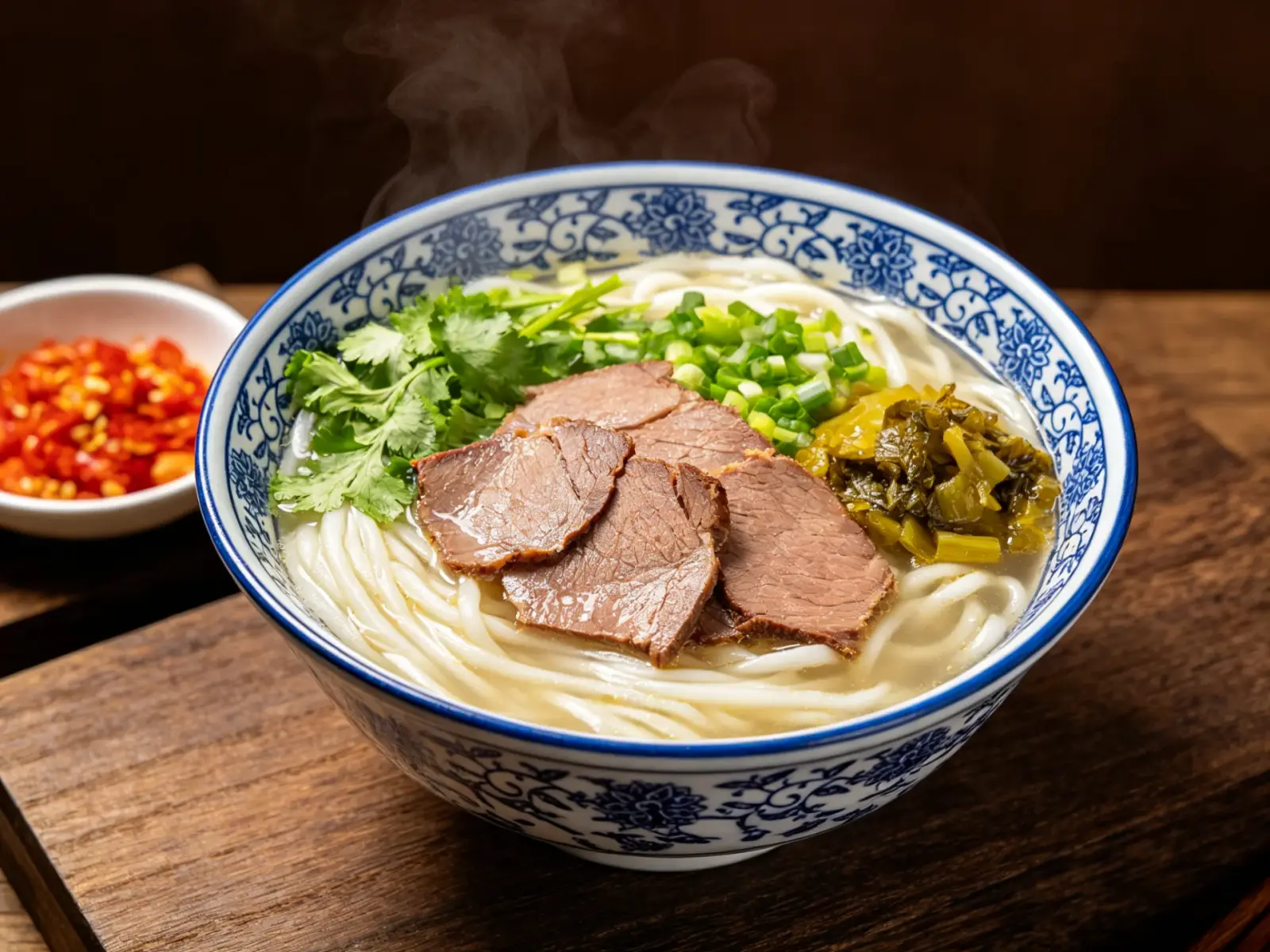 Huaxi beef rice noodles in a blue-and-white bowl of clear broth with sliced beef, herbs, scallion and pickled vegetables