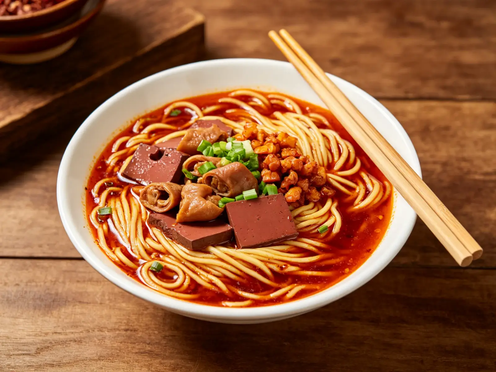 Changwang noodles in a white bowl of red chilli broth with blood curd, pork intestine, crispy pork and chopped scallion