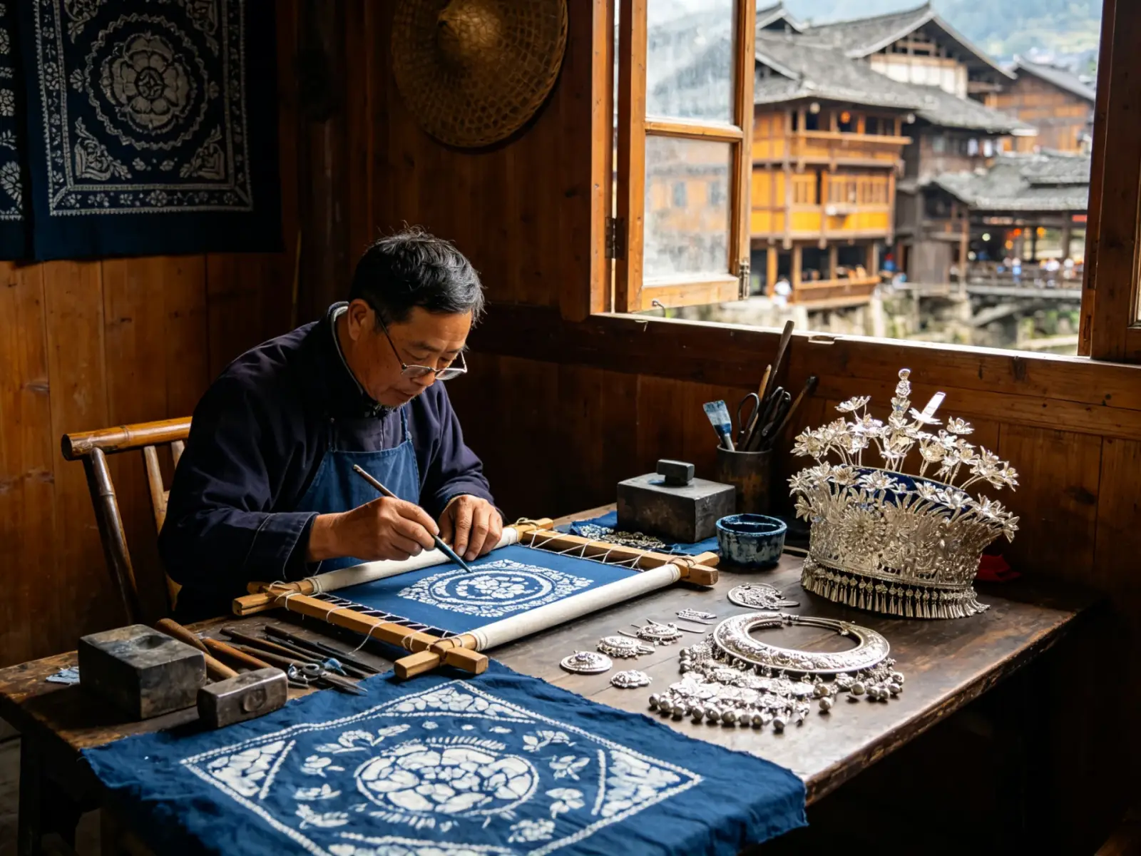 A Miao artisan making batik at a wooden table with an embroidered frame, silver crown and stilt houses outside the window