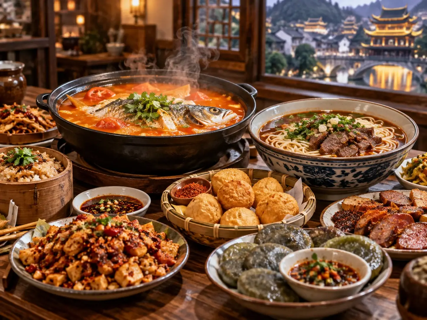A Guizhou table with a sour-soup fish hotpot, beef noodles, fried tofu balls in a bamboo basket, sticky rice and snacks, a lit old town through the window