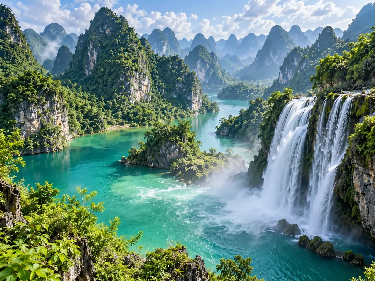 Karst peaks above a turquoise river with a waterfall tumbling down a forested cliff