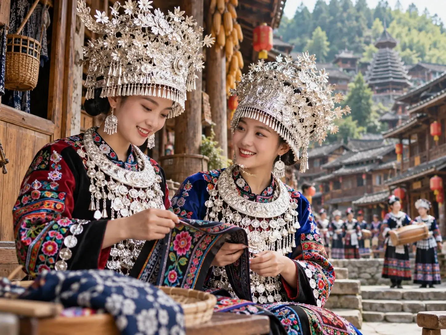 Two Miao women in elaborate silver headdresses and necklaces doing embroidery, a Dong drum tower and stilt houses behind