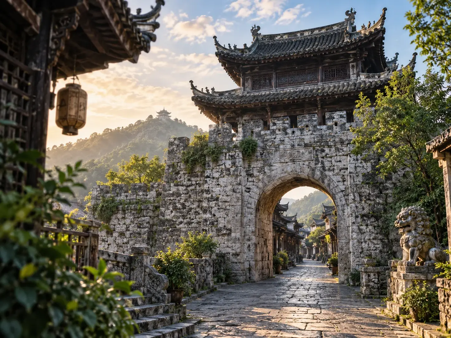 Qingyan Ancient Town stone gate tower over a cobblestone lane, a stone lion and a hanging lantern at sunset