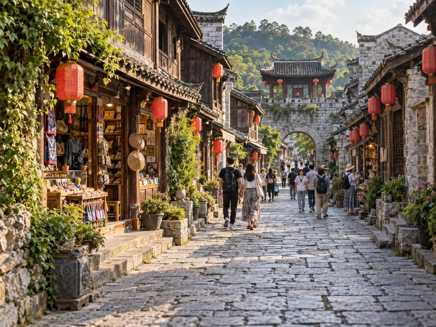 A lively cobblestone street in Qingyan Ancient Town with craft shops, red lanterns, green hills and visitors strolling toward the stone gate
