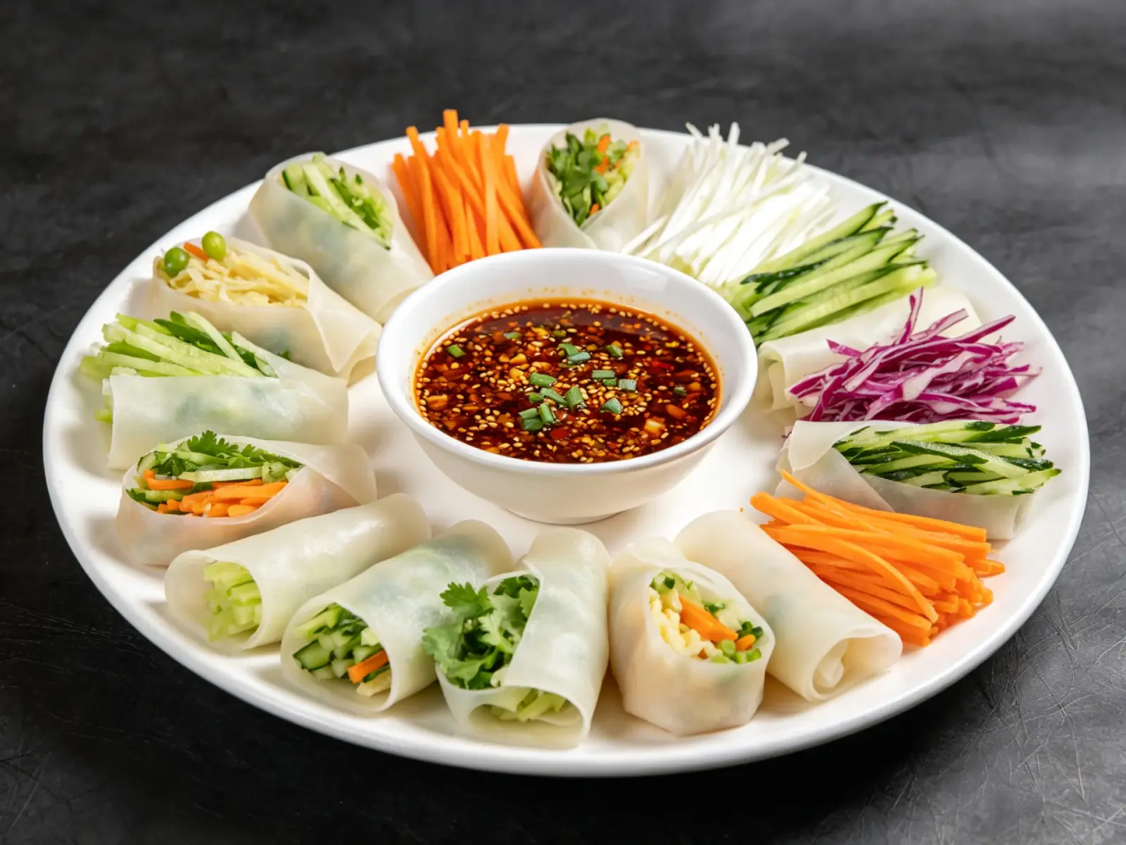 Siwawa, thin rice wraps filled with shredded vegetables arranged around a bowl of spicy-sour dipping sauce