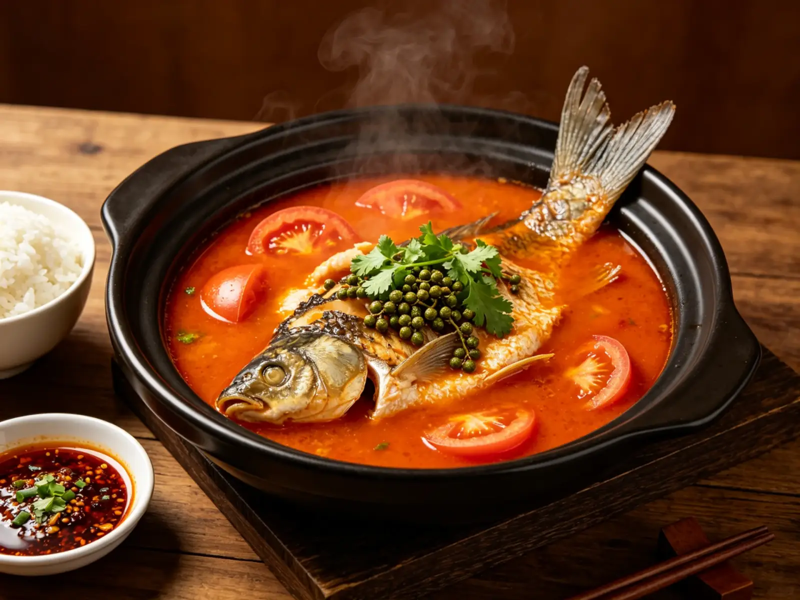 Sour-soup fish in a black clay pot, whole fish in a red broth with tomato, herbs and steam, a dipping sauce and rice beside