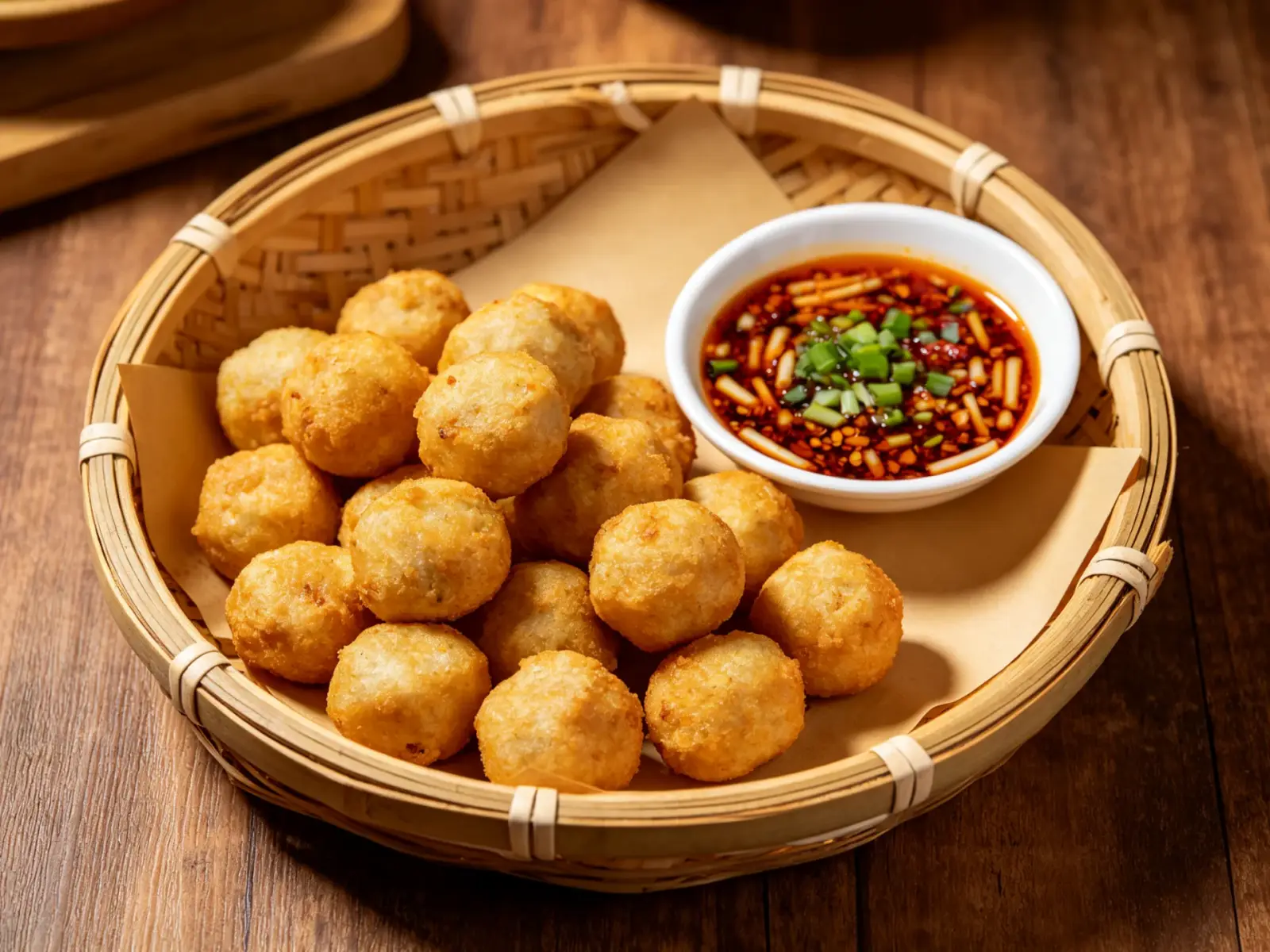 Golden fried tofu balls in a bamboo basket with a small bowl of chilli and herb dipping sauce