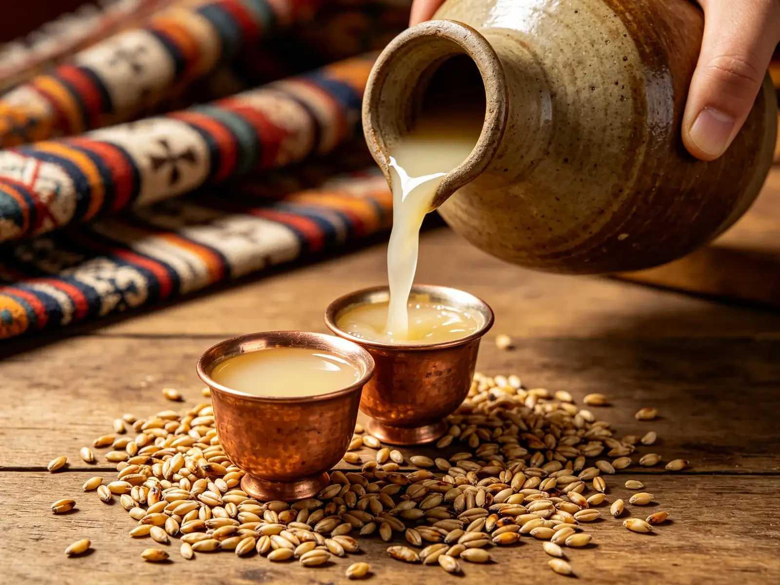 Highland barley wine being poured from a clay pot into small copper cups, roasted barley grains scattered on a wooden table with Tibetan patterned fabric