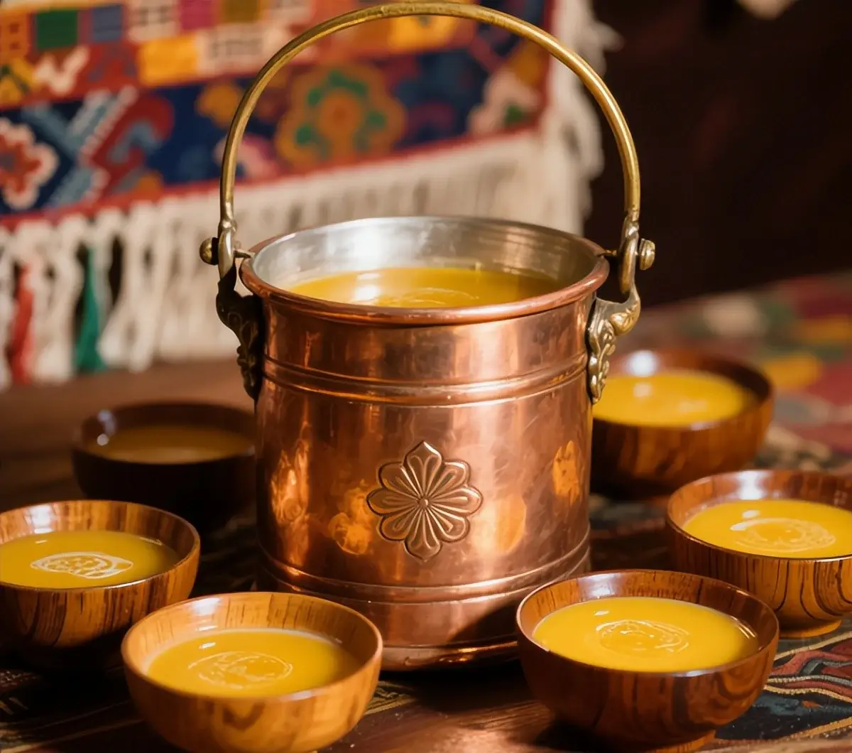 Tibetan butter tea served in a copper pot and small wooden bowls on a patterned table, a warm creamy highland drink