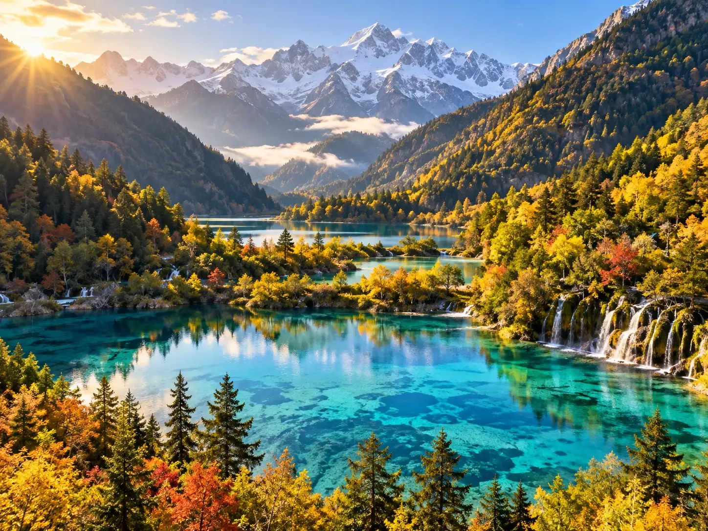 Jiuzhaigou turquoise lake with snow-capped mountains, autumn forests and crystal clear water reflections