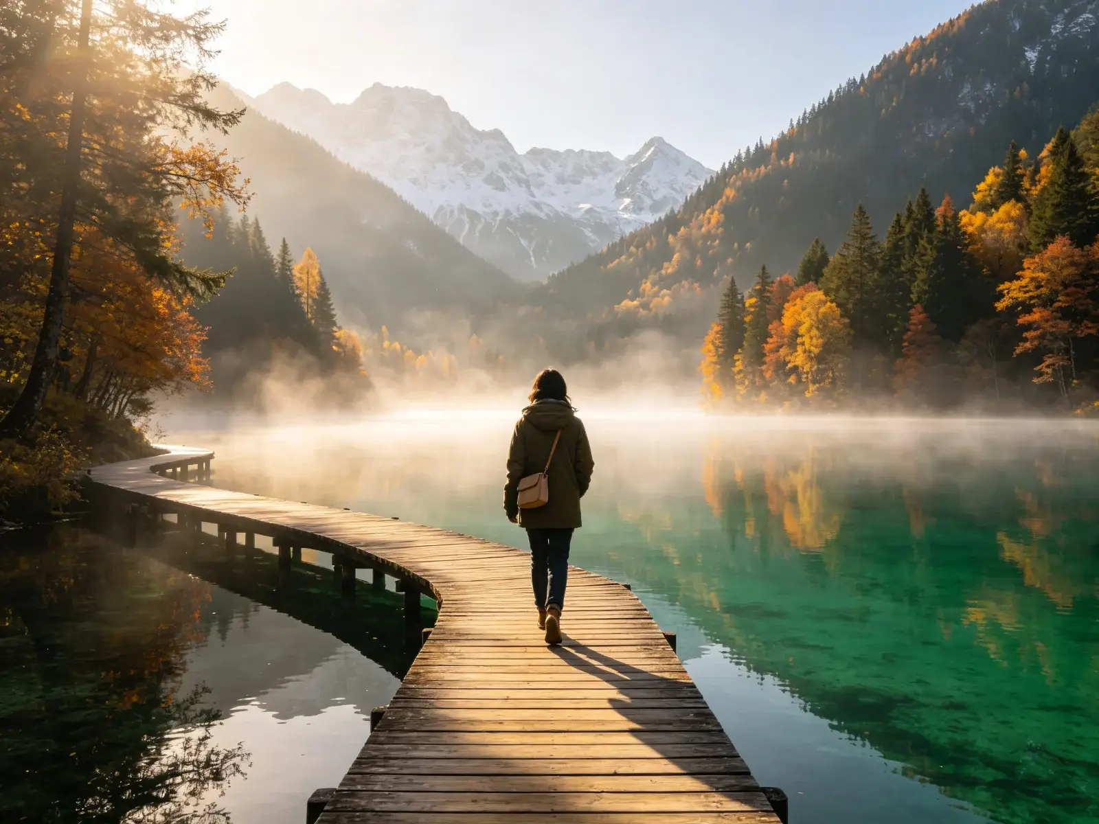 A lone traveller pausing on a wooden boardwalk over a calm turquoise lake in soft morning mist, autumn forest and distant snow peaks in Jiuzhaigou