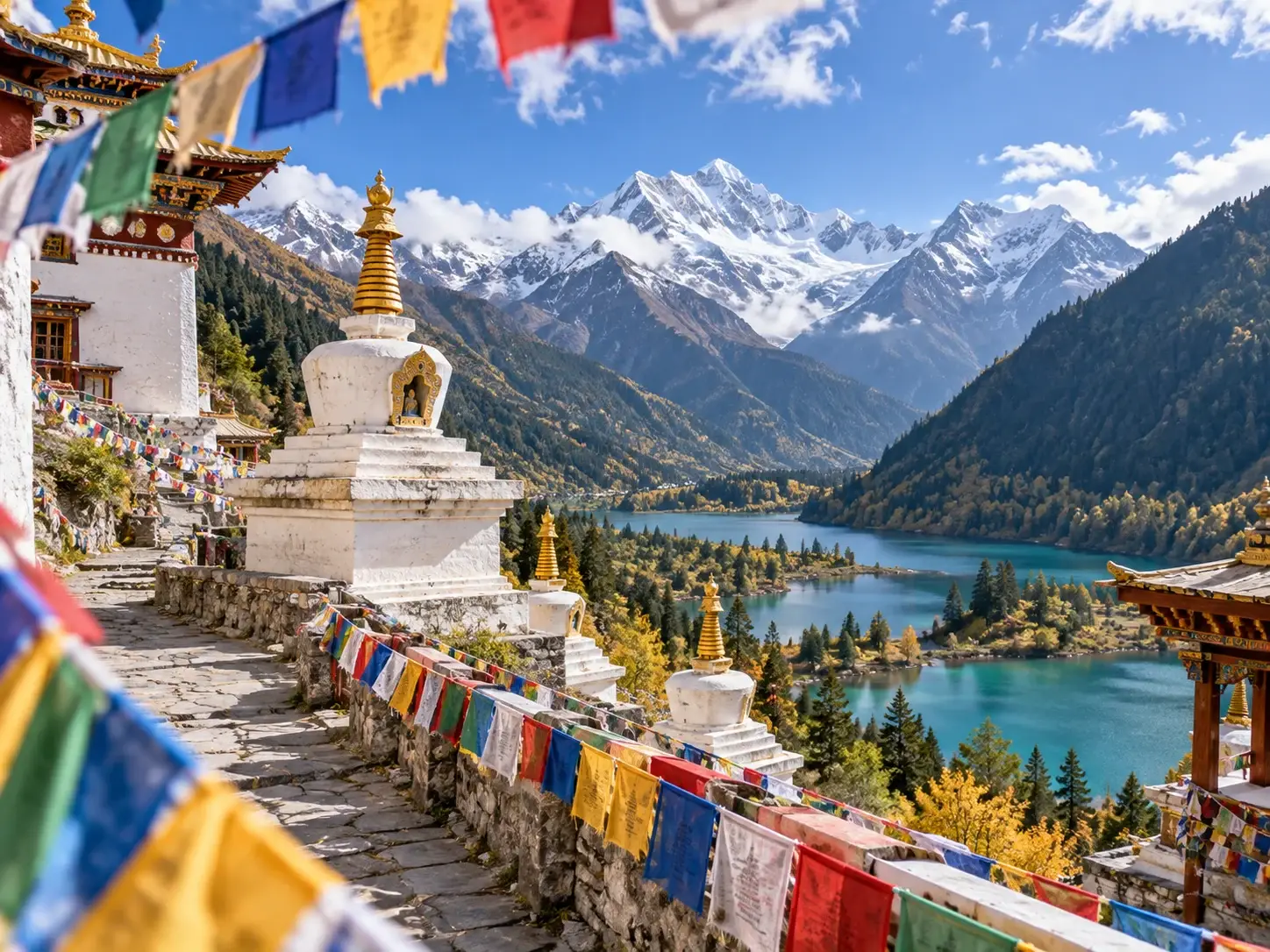 White Tibetan stupas and rows of prayer flags above a turquoise lake with snow mountains in Jiuzhaigou