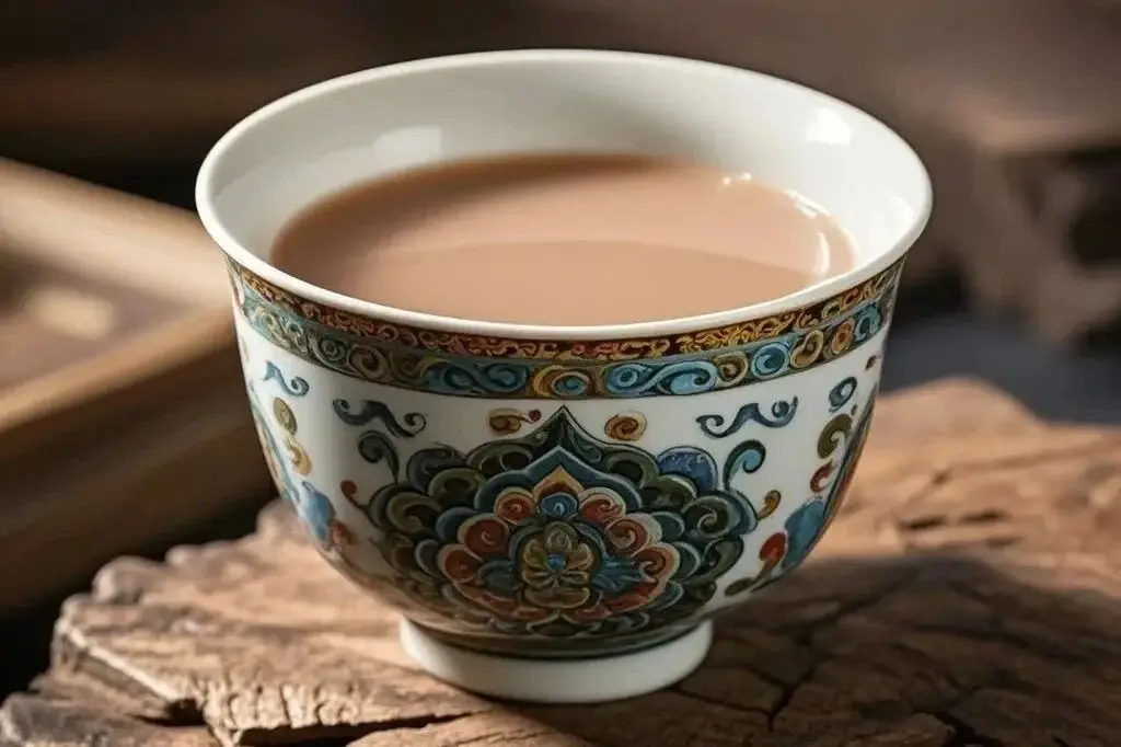 Tibetan sweet tea in an ornately patterned porcelain bowl resting on a wooden stump, a gentle afternoon drink