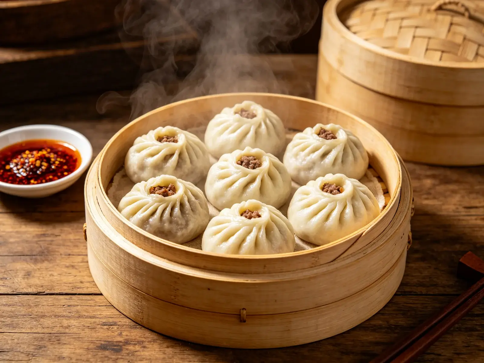 Steamed Tibetan momo dumplings in a bamboo steamer with a small dish of spicy red chilli dipping sauce on a rustic wooden table