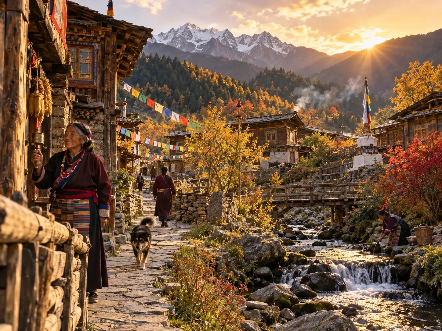 Tibetan village in Jiuzhaigou with white-walled stone houses, prayer flags, mani stones and snow mountains behind