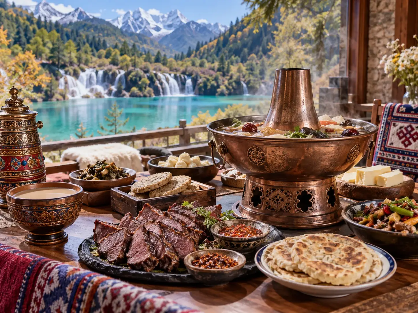 Tibetan yak meat hot pot feast with a copper pot, sliced yak meat, flatbread and side dishes by a window with a lake view