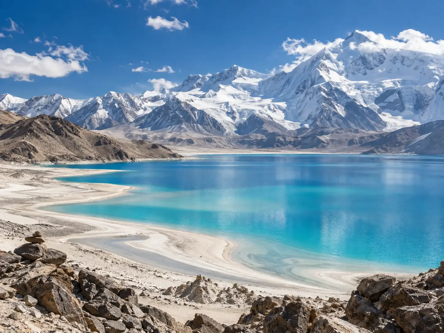 Baisha Lake, a vivid turquoise alpine lake with white sand shores and snow-capped Pamir mountains