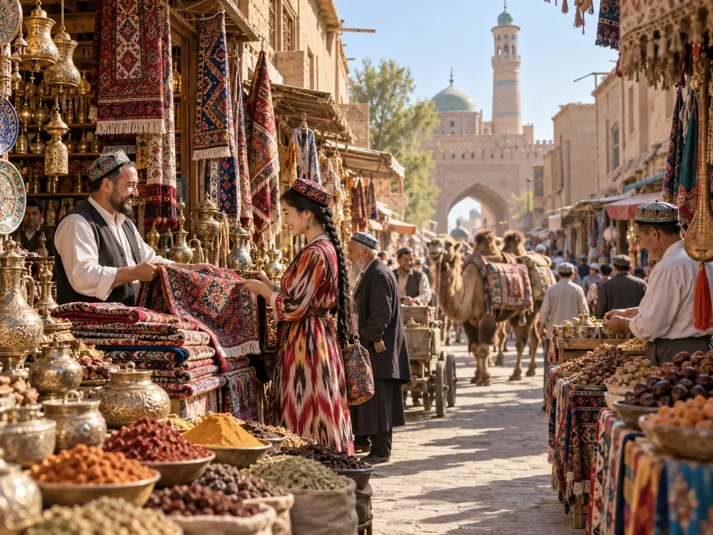 A vibrant Kashgar bazaar with carpet sellers, brassware, spices, dried fruit, a woman in ikat dress and camels, a mosque beyond
