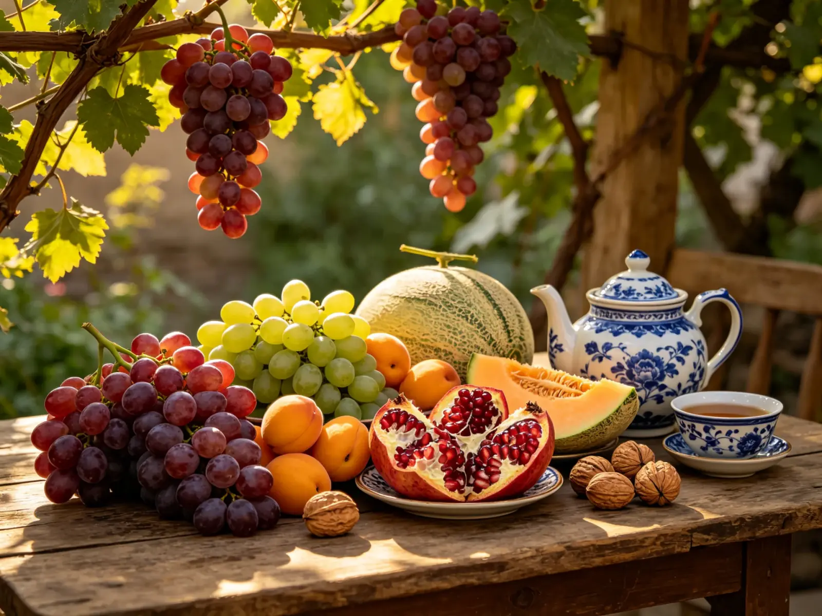 Grapes, pomegranate, melon, apricots and walnuts on a wooden table with a blue-and-white teapot and tea bowls under a grapevine