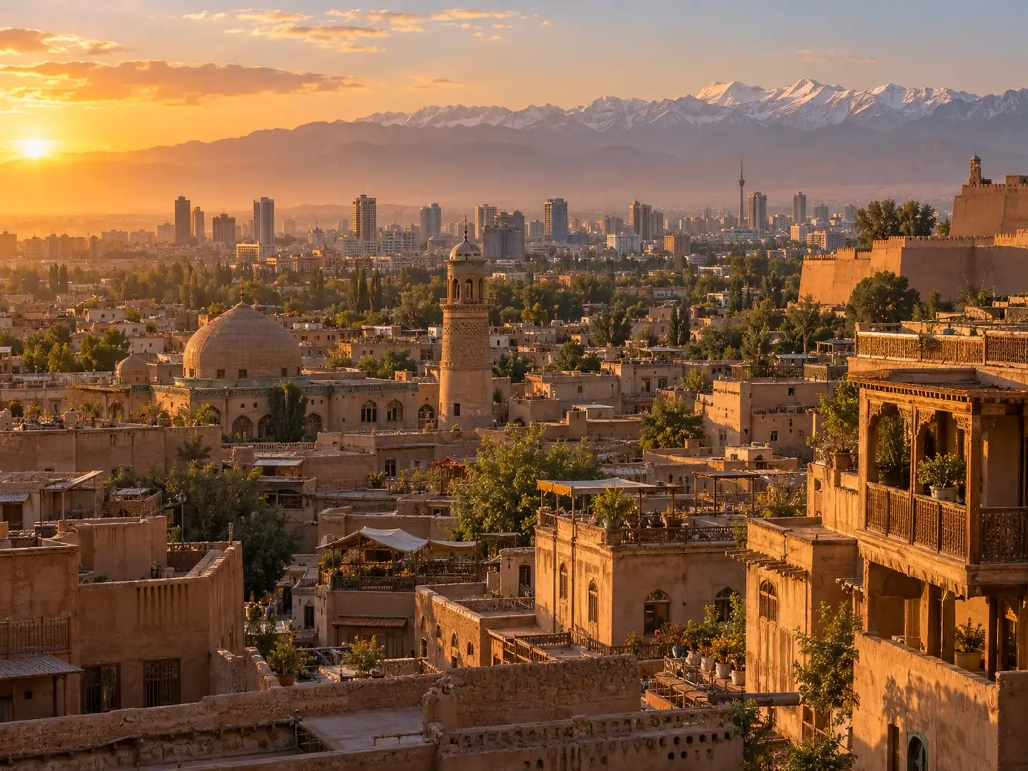 Kashgar old city at sunset — adobe houses, a domed mosque and minaret, the modern skyline and snow-capped Pamir mountains beyond