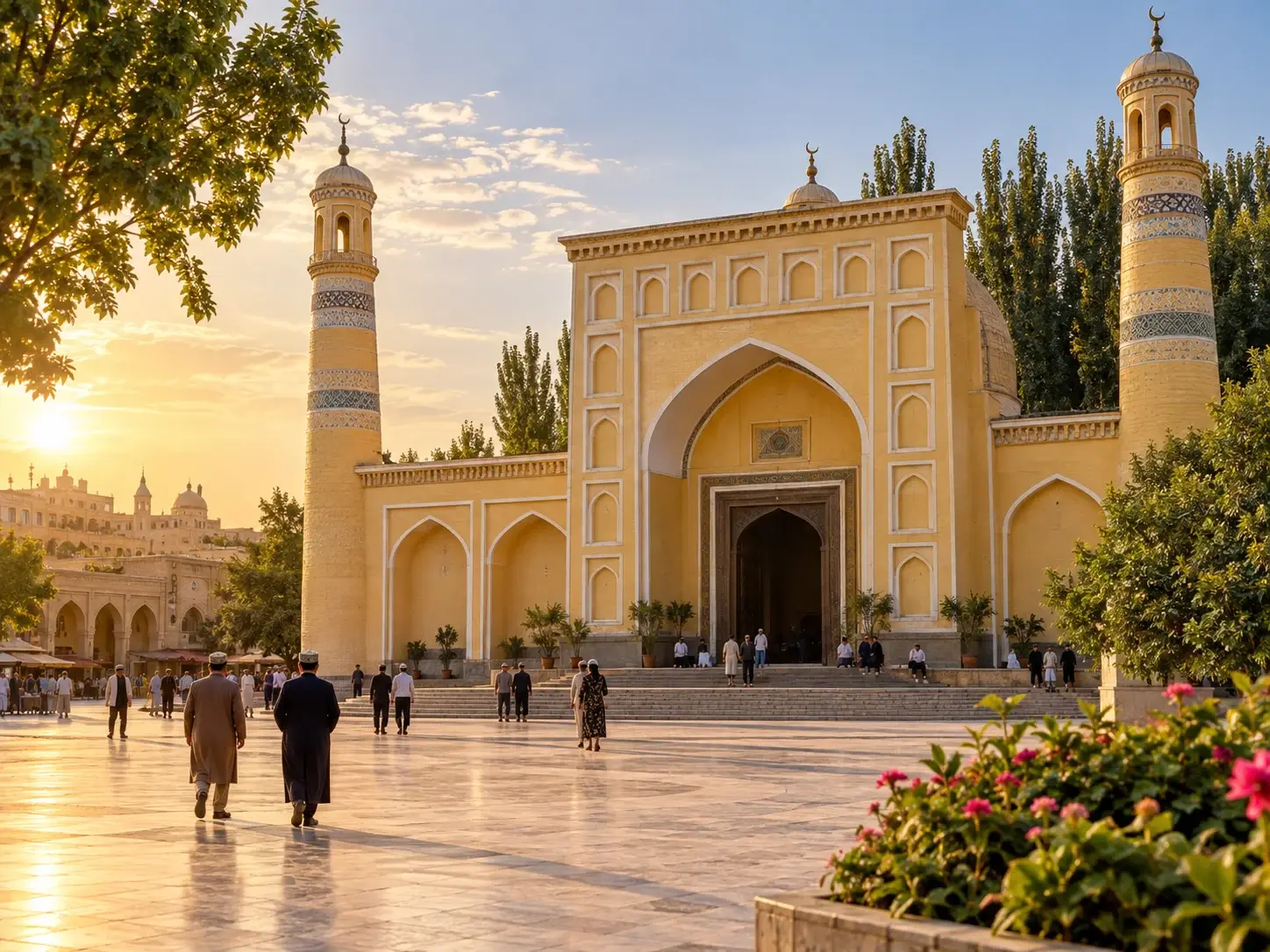 Id Kah Mosque at golden hour, yellow facade with a grand arch and two minarets, people in the square